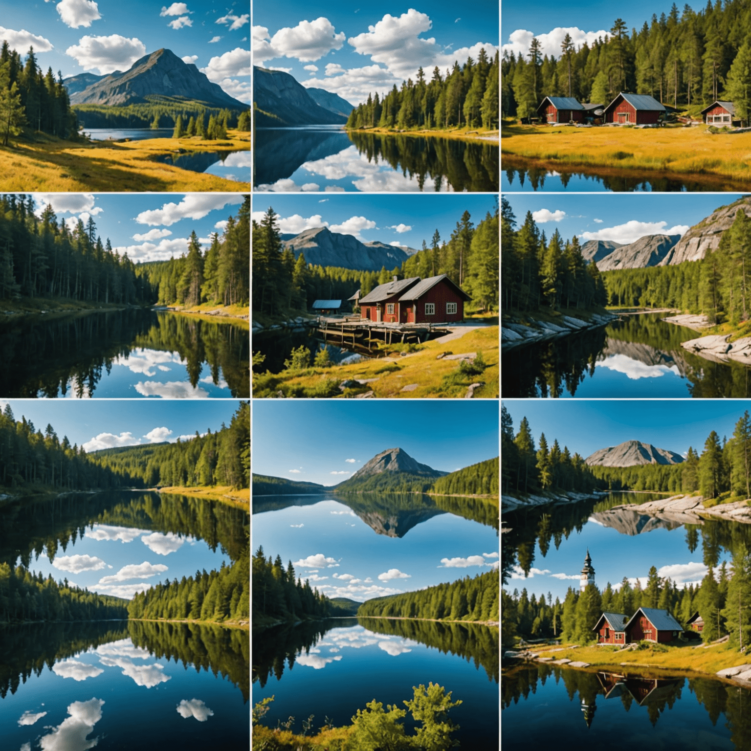 Scenic view of a hidden lake in Finland surrounded by lush forest, with a small wooden pier extending into the calm water