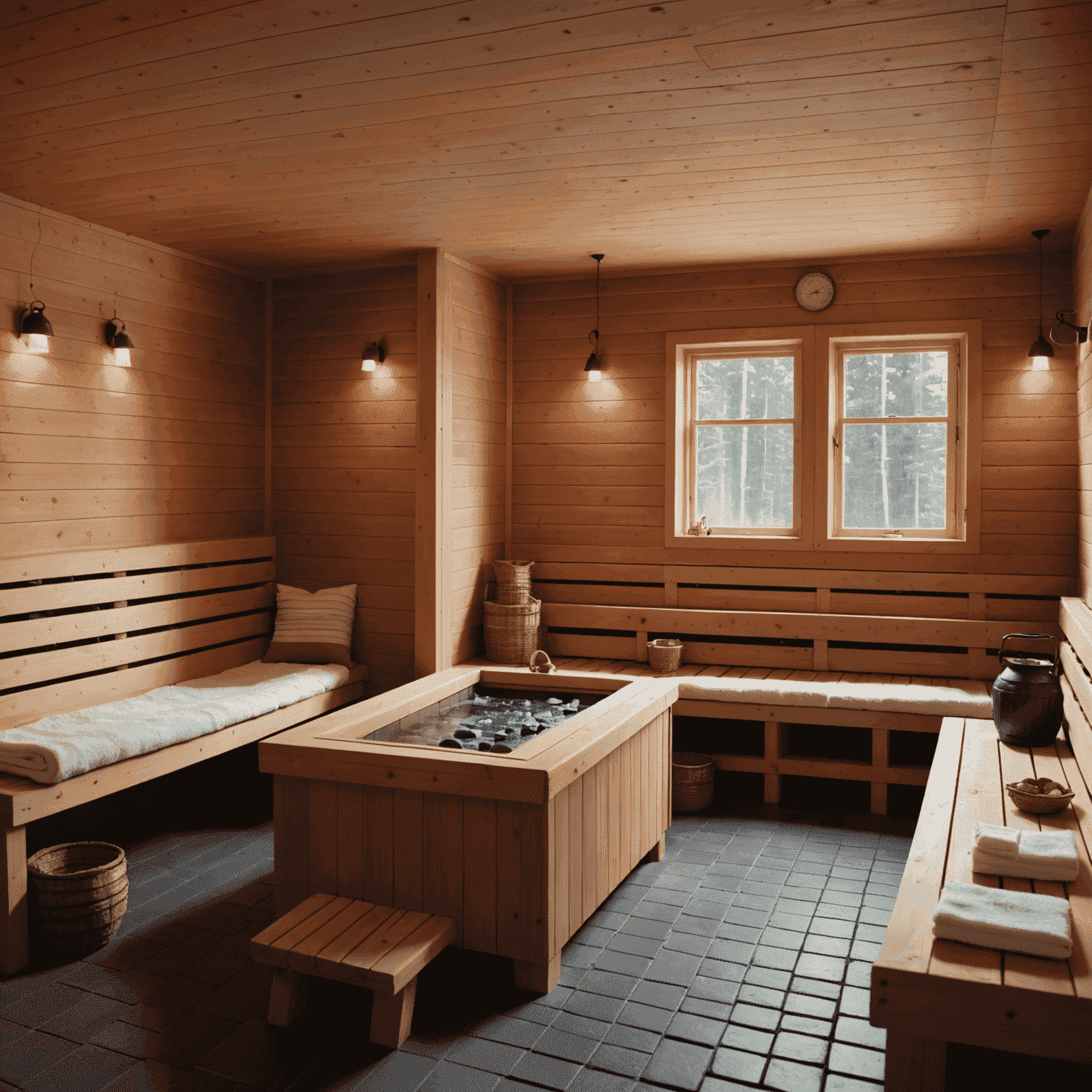 A traditional Finnish sauna with wooden interior, hot stones, and steam rising. A lake view visible through a small window.