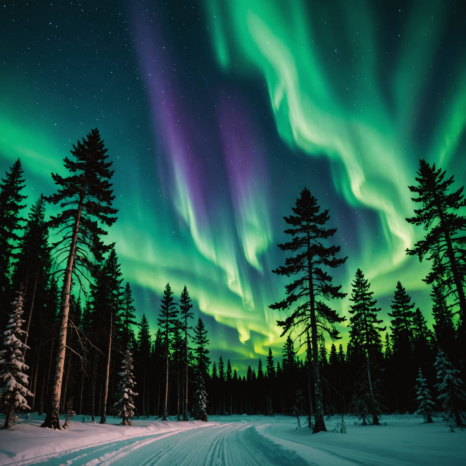 Aurora Borealis dancing over a snowy Finnish landscape with pine trees in the foreground and a starry sky