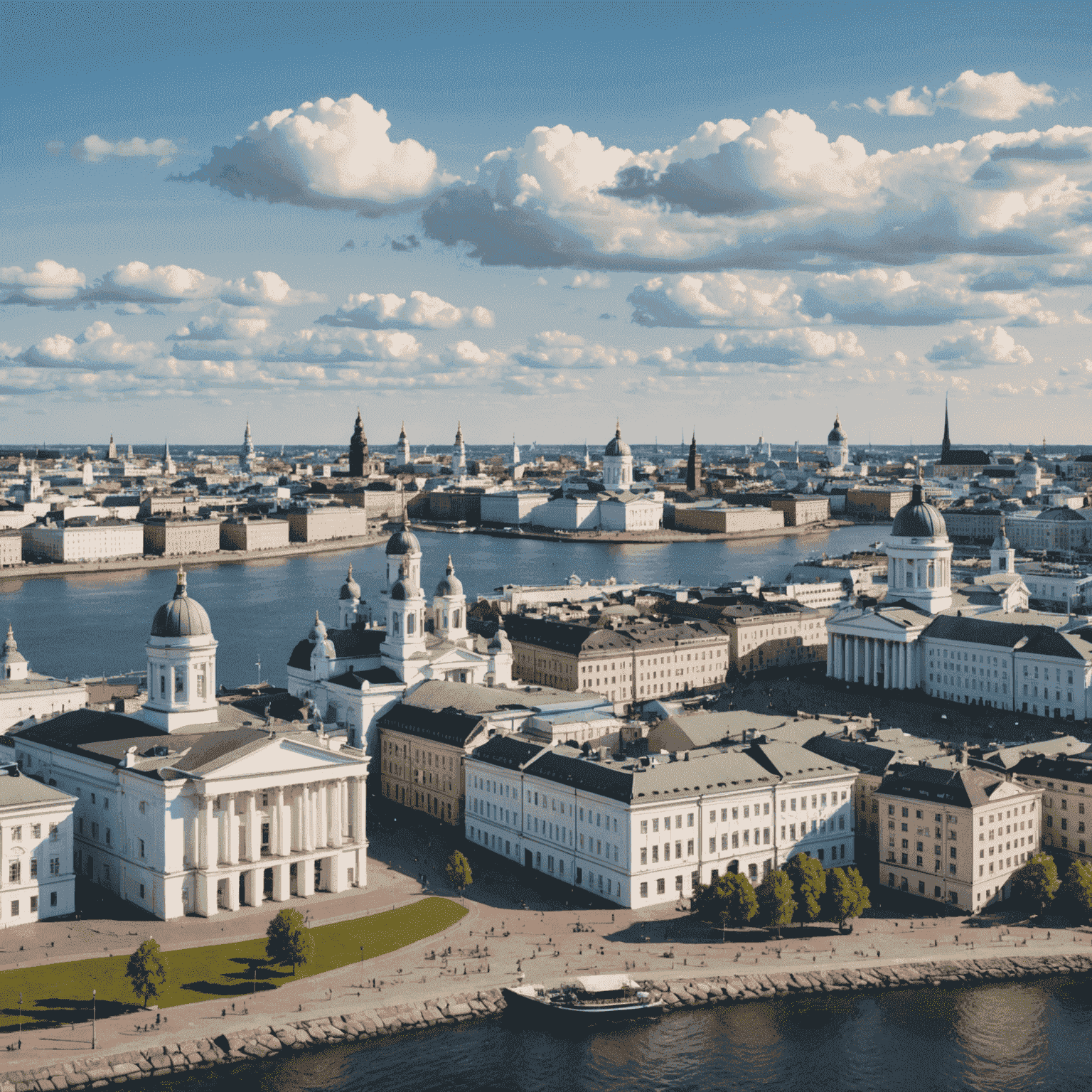 Panoramic view of Helsinki's harbor with the iconic white Helsinki Cathedral in the background, surrounded by colorful autumn trees and boats in the water