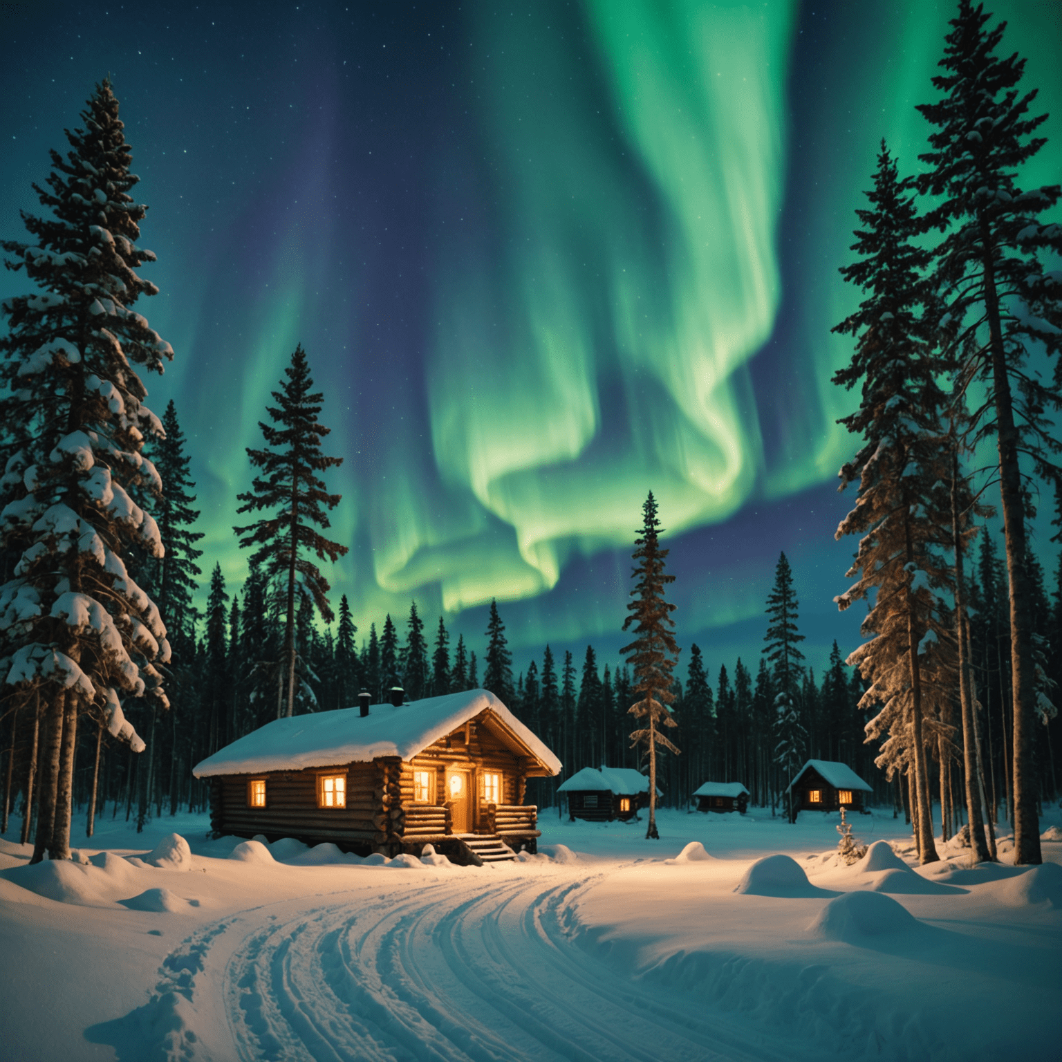 Panoramic view of Finnish Lapland in winter, showing snow-covered forests, Northern Lights in the sky, and a cozy log cabin in the distance