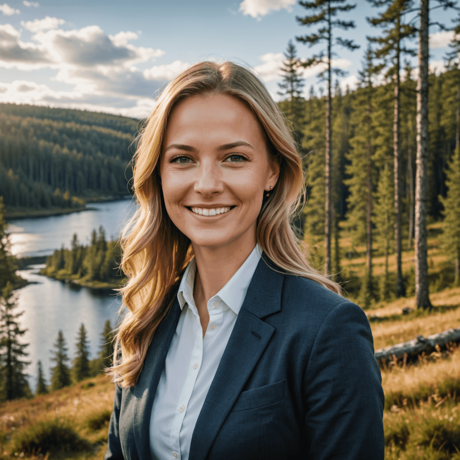 Portrait of Emma Virtanen, founder of ExploreEase, smiling warmly against a backdrop of Finnish nature