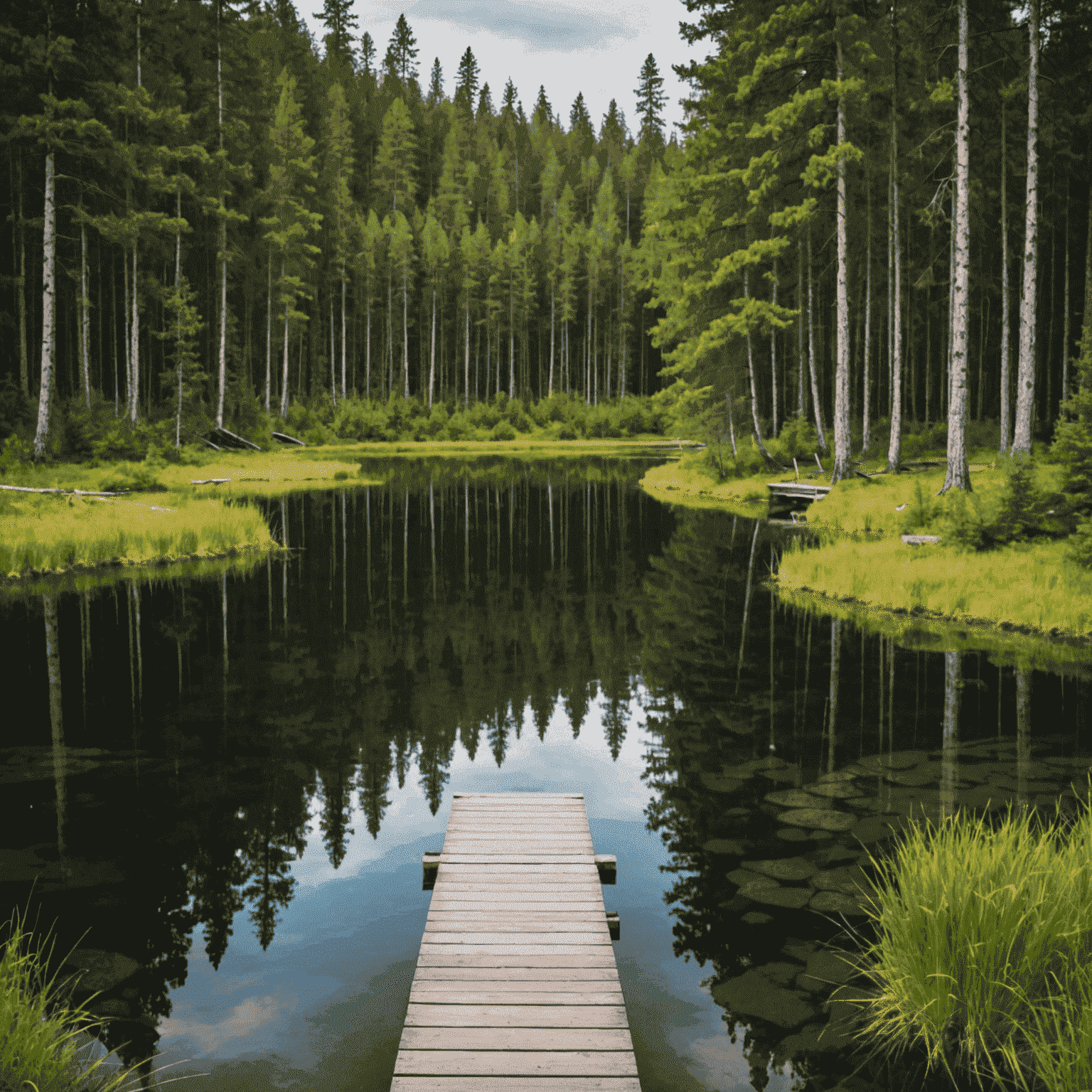 Scenic view of a hidden lake in Finland surrounded by lush forest, with a small wooden cabin on the shore