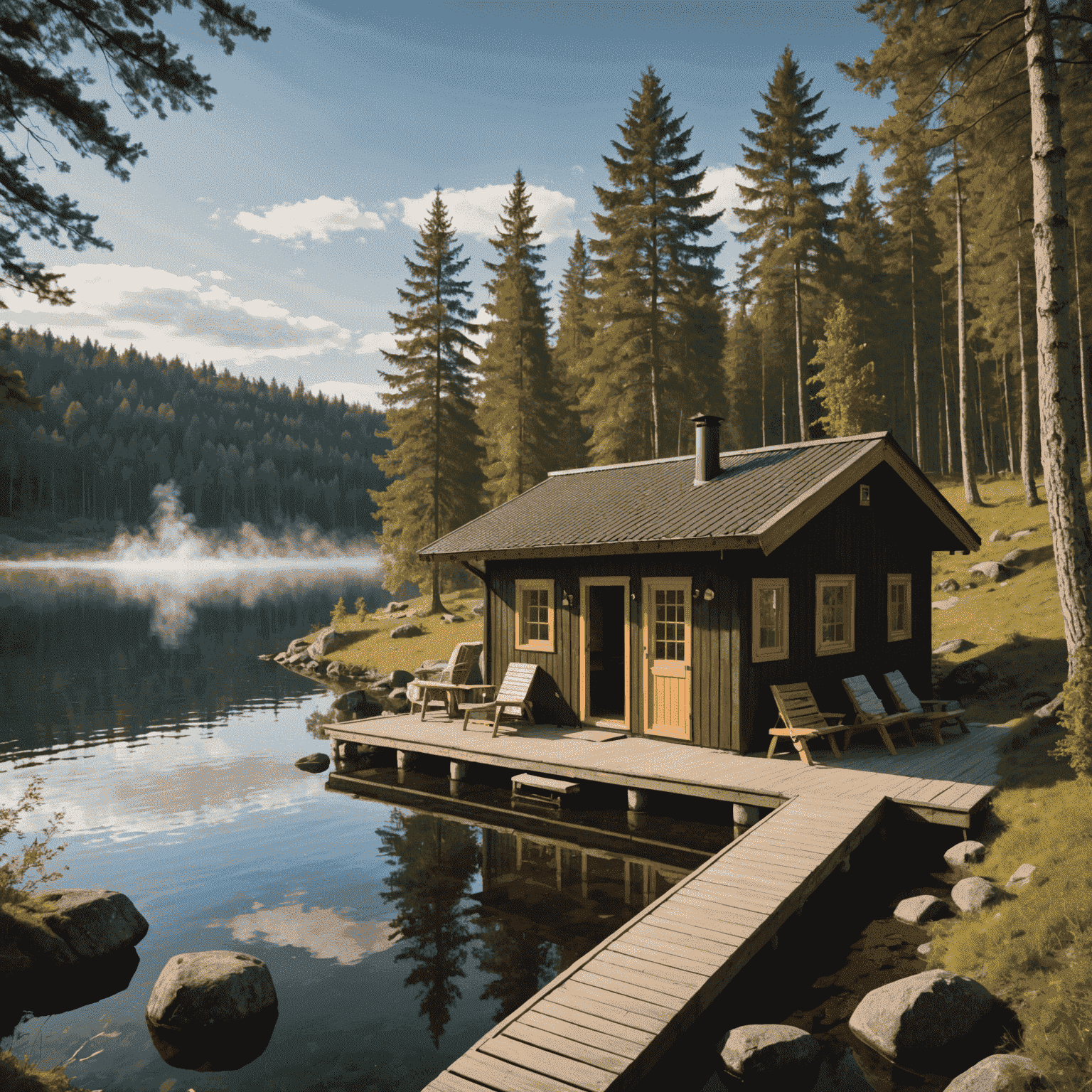 Interior of a traditional Finnish sauna with wooden benches, hot stones, and steam rising, creating a cozy atmosphere