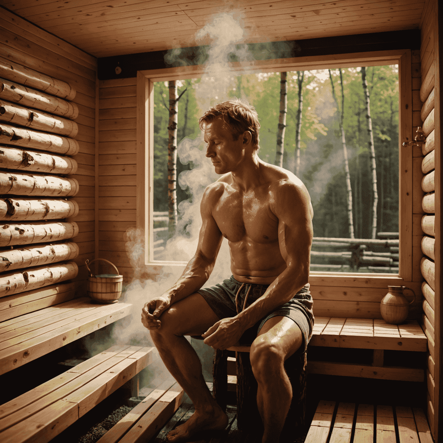 People enjoying a Finnish sauna experience, with some sitting inside the sauna and others cooling off by a lake.