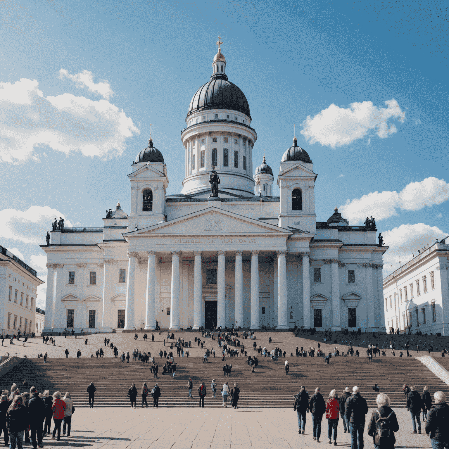 Helsinki Cathedral's white facade and green domes towering over Senate Square, with people walking and sitting on the cathedral steps