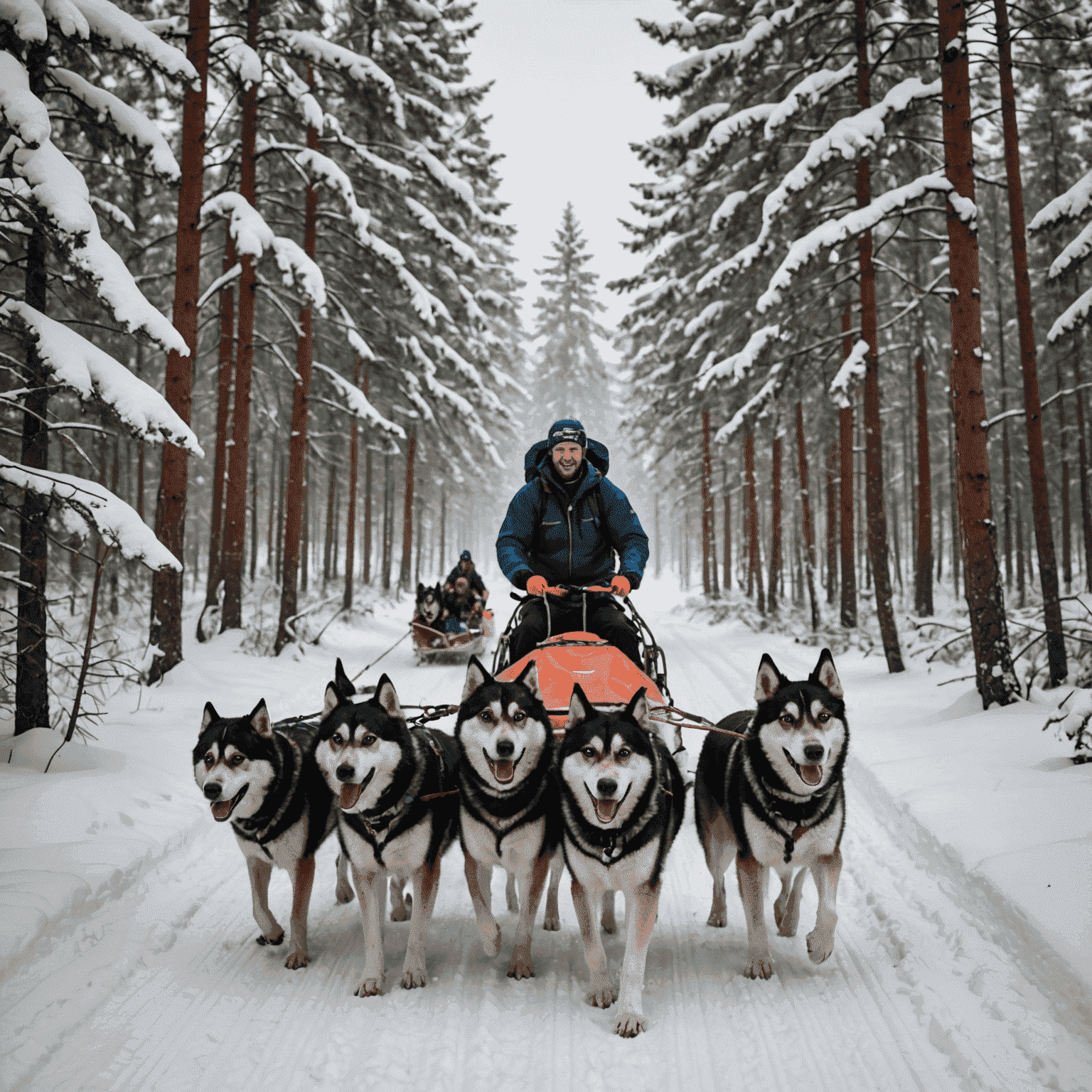 Tourists enjoying a husky sledding experience through a snowy Lapland forest