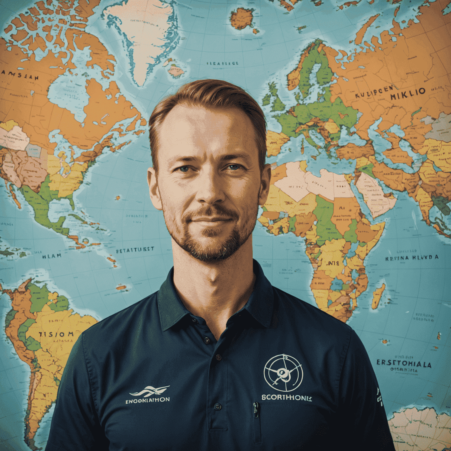 Portrait of Mikko Korhonen, head of tour operations, standing in front of a map with travel routes marked