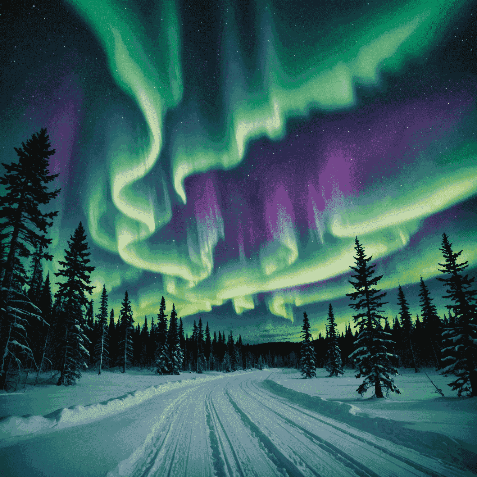 Spectacular display of green and purple Northern Lights dancing across the night sky over a snowy Finnish landscape