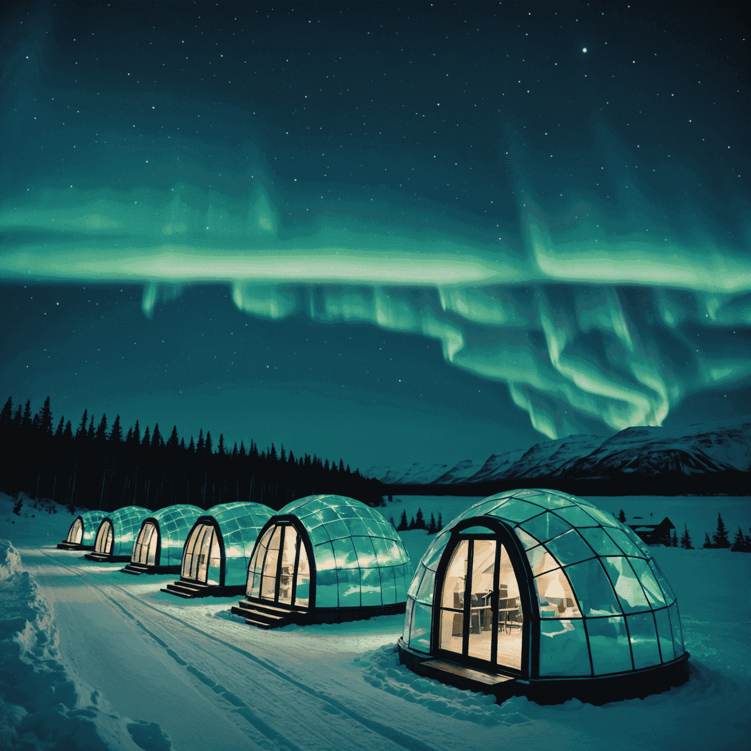 A group of people on snowmobiles racing across a vast snowy expanse in Lapland