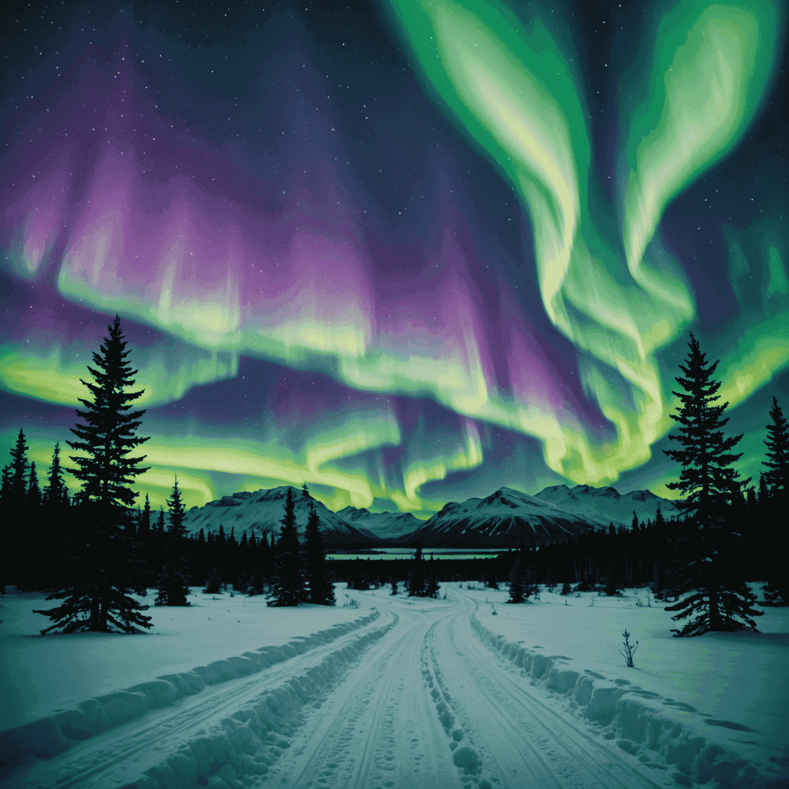 Spectacular display of green and purple Northern Lights over a snowy Finnish landscape with silhouettes of pine trees