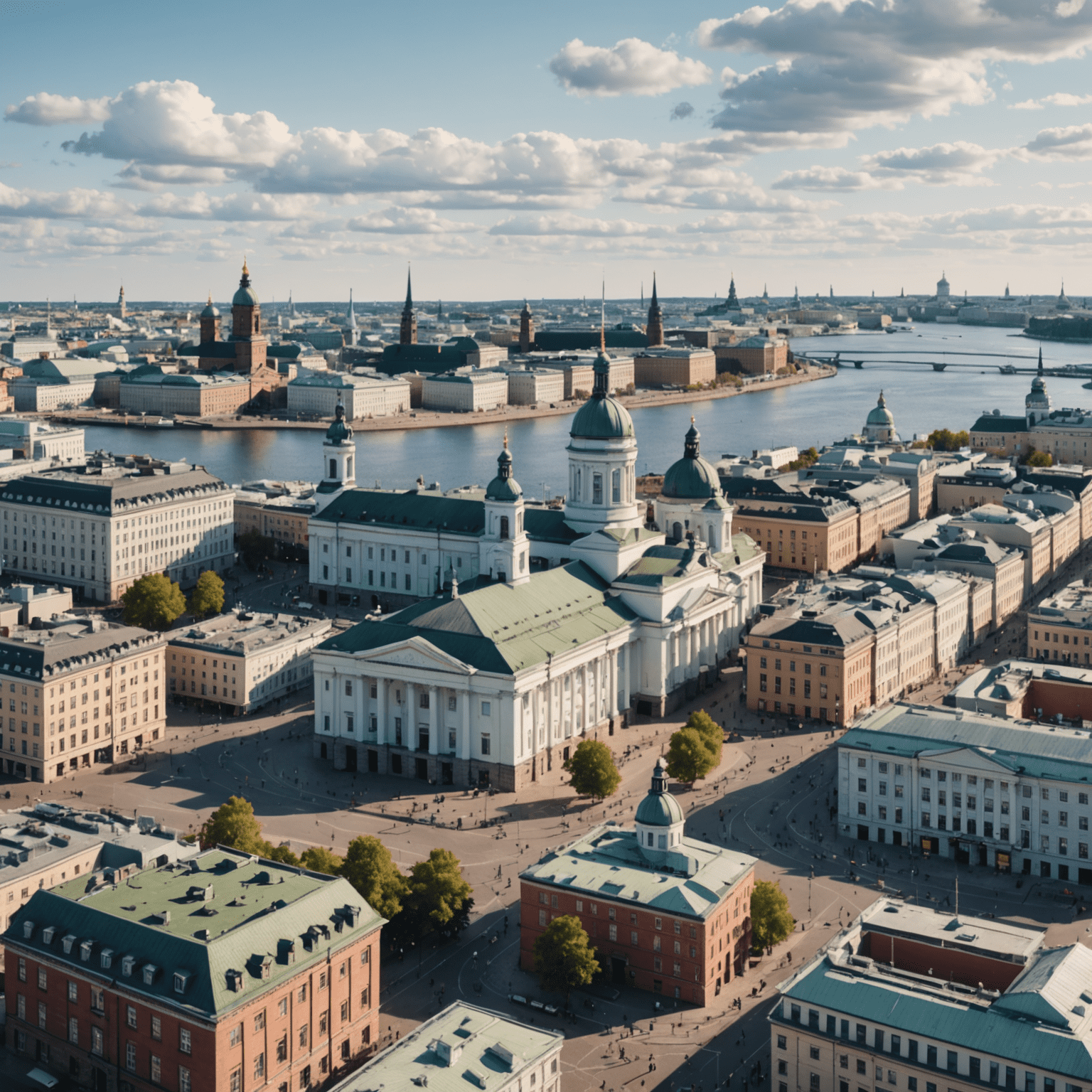 Panoramic view of Helsinki's skyline featuring the iconic white Helsinki Cathedral, colorful buildings, and the harbor with boats