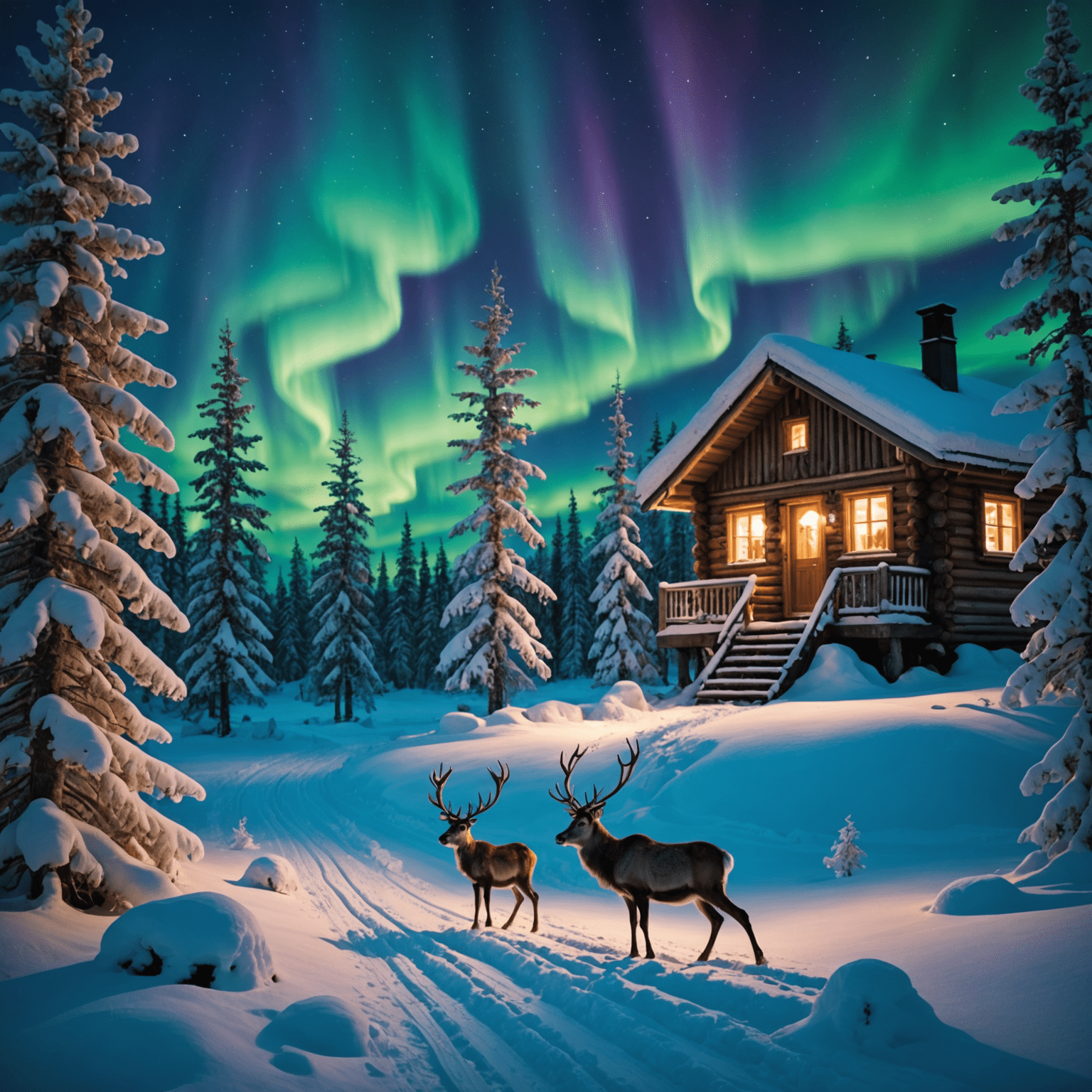 Snowy landscape of Finnish Lapland with a reindeer sleigh ride through a forest of snow-covered pine trees